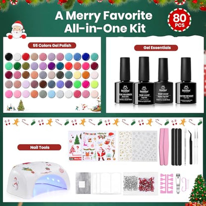 Beetles 80 Pcs Christmas Gel Nail Polish Kit with U V Light - 55 Color Gel Nail Kit Gifts for Women Soak Off Color Enchantment Winter Red Nails Art Home DIY Salon Beginners Manicure Set - color: Christmas Gel Nail Kit