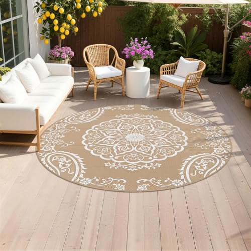 Pauwer Waterproof Outdoor Rug 8ft, Reversible Plastic Straw Patio Camping Rug, Indoor Outdoor RV Mat Carpet for Deck, Camper, Porch, Balcony, Backyard, Picnic, Boho Brown - color: Boho Brown, size: 8' (Round)
