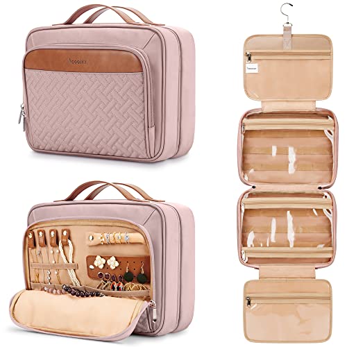 Travel Hanging Toiletry Bag for Women, Extra Large Makeup Bag, Holds Full-Size Shampoo, with Jewelry Organizer Compartment, Waterproof Cosmetic Bag, Toiletries Kit Set with Trolley Belt, Baby Pink - color: Baby Pink, size: Large