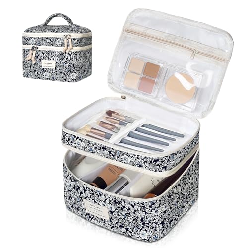 Gosect Makeup Bag, Portable Travel Make up Bag, Large Capacity Quilted Cosmetic Organizer Bag, Cute Floral Toiletry Bag for Women Girls (Black Rose) - color: Black Rose