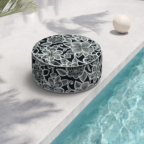 Indoor/Outdoor Inflatable Ottoman D21 x H9 inch, Round Footstool Inflatable Foot Rest Ottomans with Handle, Portable Ottoman Pouf for Patio, Garden, Camping, Home,Flower Black - color: Flower Black, size: 21"D x 21"W x 9"H