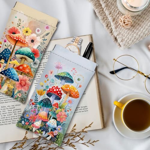 Eyeglasses Sunglasses Case PU Soft Squeeze Top Glasses Pouch for Women Student,Floral Pattern Portable Anti Scratch - color: Blue-mushroom03
