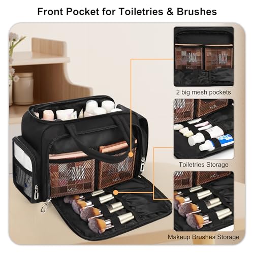 Travel Toiletry Bag for Women, Lightweight Wide-open Toiletries Travel Bag with Handle, Large Cosmetic Organizer with Makeup Brushes Compartment for Essentials for Trip, Camping - Black