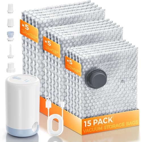 Travel Vacuum Storage Bags with Pump,Cordless Vacuum Bag Set, Rechargeable Wireless Pump Travel Storage Bags, 10s Fast Compression, For Luggage and Suitcase (5S+5M+5L)