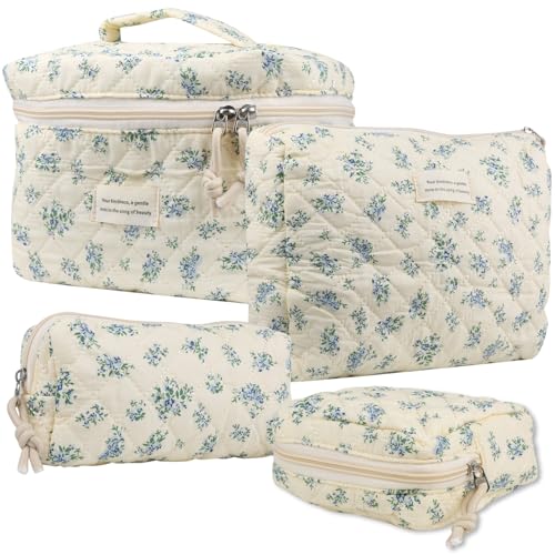 NATINSA Cute Makeup Bag for Women(2 Pcs), Travel Cosmetic Bags, Quilted Coquette Aesthetic Floral Toiletry Organizer Bag (41 - Blue Rose/4PCS) - color: 41 - Blue Rose/4PCS