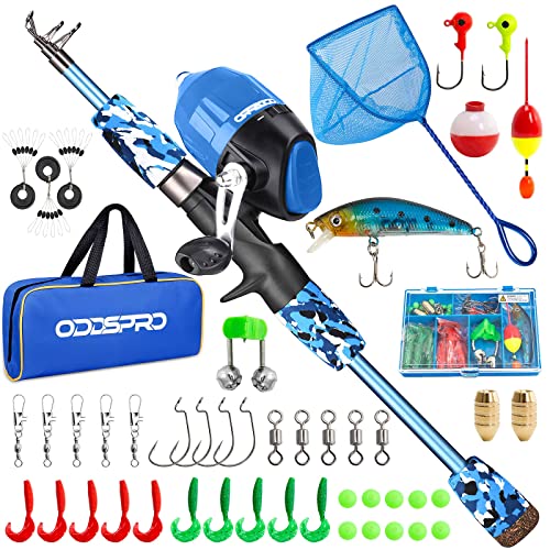 ODDSPRO Kids Fishing Pole Pink, Portable Telescopic Fishing Rod and Reel Combo Kit - with Spincast Fishing Reel Tackle Box for Girls, Youth - color: Blue+Net, size: 3.94 ft