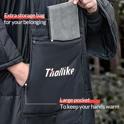 Camping Blanket with Zipper Pocket, 85'' x 61'' Large Wearable Hooded Blanket, Ultralight Warm Sleeping Bag, Windproof Camping Poncho for Outdoor Stadium Sports Gaming Hiking Picnic Concerts - color: Black