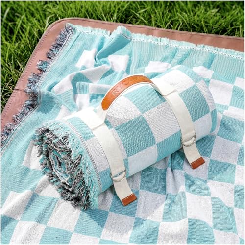 2 in 1 Extra Large Boho Beach Blanket Towel Picnic Rug Camp Mat Family Trip Essentials Summer Vacation Must Have Travel Accessories Lake Day Necessities Stuff Thing Need Gear Gift Item Gadget 2026 - color: Checkered Aqua