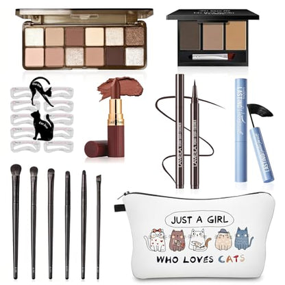 Basic Eye Makeup Kit for Women, 90s Neutral Eyeshadow, Brow Powder, Brow Stencils, Cat Eyeliner Guides, Taupe Matte Lipstick, Cat Lover Cosmetic Bag & etc. - Perfect Makeup Gift Set for Girls & Teens. - color: 10-Cat Lover