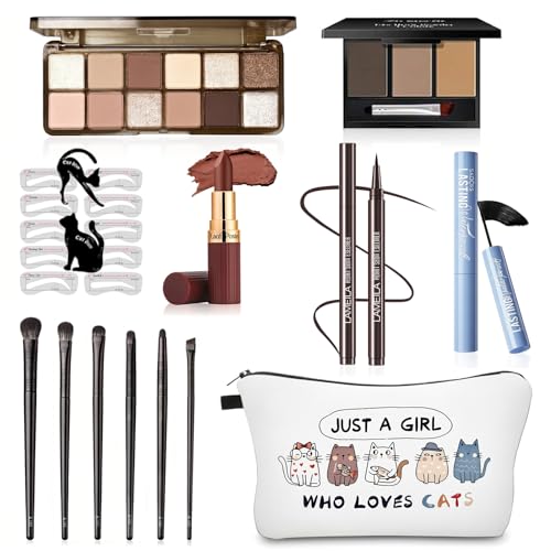 Basic Eye Makeup Kit for Women, 90s Neutral Eyeshadow, Brow Powder, Brow Stencils, Cat Eyeliner Guides, Taupe Matte Lipstick, Cat Lover Cosmetic Bag & etc. - Perfect Makeup Gift Set for Girls & Teens. - color: 10-Cat Lover