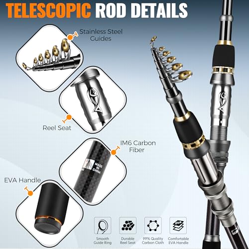 PLUSINNO Fishing Rod, Telescopic Fishing Rod and Reel Combo, Collapsible Travel Fishing Pole Rod Starter Kit, Carbon Fiber Fishing Rods and 12 +1 Bearings Stainless Steel, Fishing Gifts for Men Adults - color: Rod Combo & 137 Tackle Kit, size: 1.8m 5.91ft