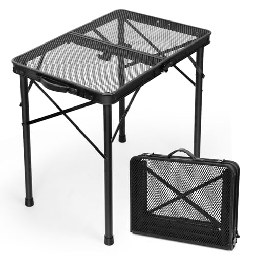 2Ft Small Folding Table with Carry Handle, Camping Table Adjustable Height 10.6–22 in, Black Metal Mesh, Portable & Compact for Outdoor/Indoor,Grill Table, 23.6×15.8 in, 4 lb, 66 lb Capacity - color: Black, size: Small 2Ft - 23.6"L x 15.8"W x 10.6"/22"H