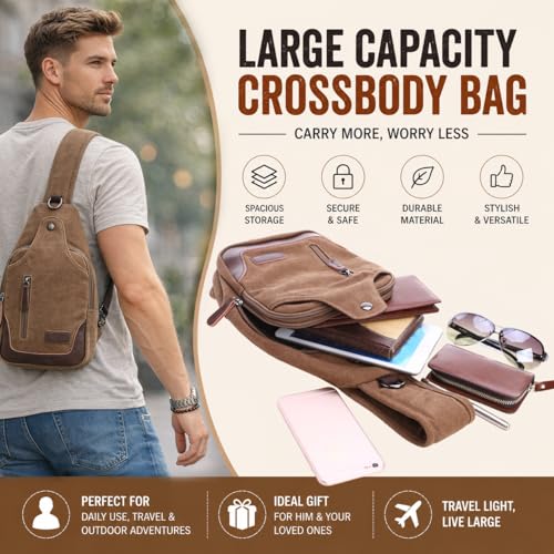 Canvas Sling Bag for Men Crossbody Chest Bag Casual Daypack Rucksack Small Crossbody Backpack with Adjustable Strap - color: Coffee