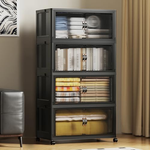 SAILUN 127Gal/508Qt Extra Large Stackable Storage Bins Folding Collapsible Storage Bins with a Lid, Closet Organizers and Storage Black 28" W x 1 - color: Black, size: 1 Lid 4 Pack-28" W x 17" D x 61" H