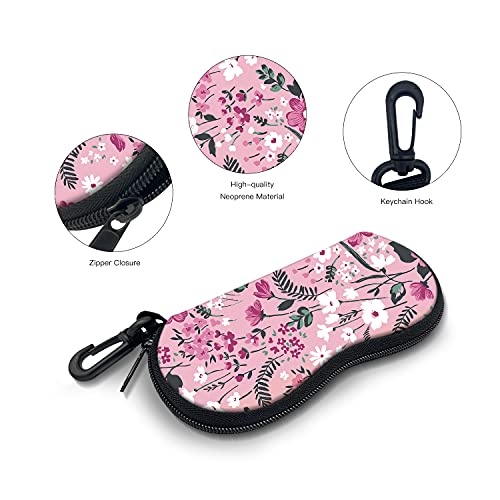 Sunglasses Soft Case with Carabiner Ultra Light Neoprene Zipper Glasses Case - color: Pink Flower