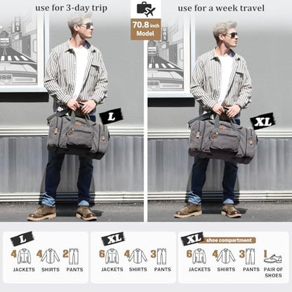 Gonex Canvas Duffle Bag for Travel 50L Expandable Duffel Weekend Overnight Bag men (Gray) - color: Grey, size: Large-50L (Without Shoe Compartment)