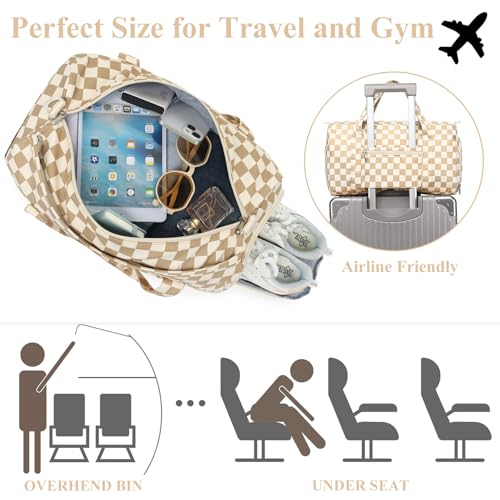 Gym Bag Sports Duffle Bag with Wet Pocket Weekender Overnight Bag with Waterproof Shoe Pouch and Air Hole for Girls Kids Women Travel Workout Bag - color: Brown checkered
