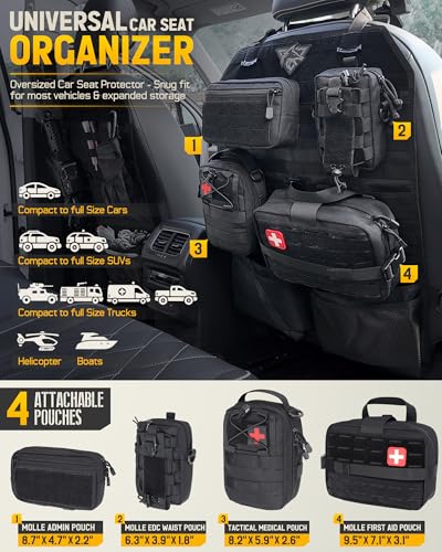 WYNEX Tactical Car Seat Back Organizer Set, Vehicle Accessories Molle Panel wtih Detachable 4 Molle Pouches - First Aid EDC Admin Storage Bag for Road Trips, Fits Most Cars, SUVs, Pickups, Trucks
