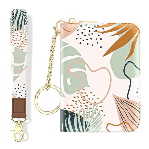 Aiawoxc Credit Card Holder, Small RFID Wallet Slim Leather Card Organizer Case with Zipper and Wristlet Strap, Boho Leaves - color: B-Leaf, size: Wrist Strap
