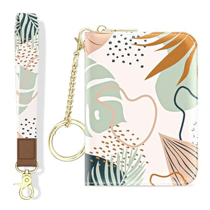 Aiawoxc Credit Card Holder, Small RFID Wallet Slim Leather Card Organizer Case with Zipper and Wristlet Strap, Boho Leaves - color: B-Leaf, size: Wrist Strap