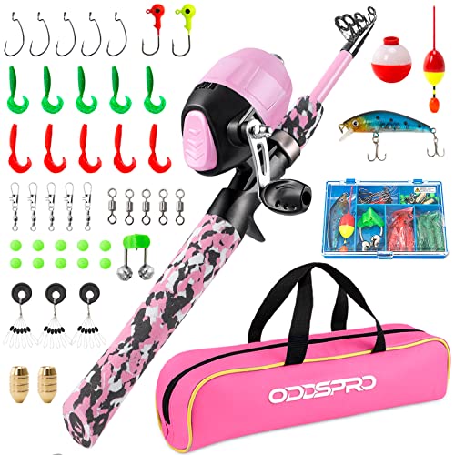 ODDSPRO Kids Fishing Pole Pink, Portable Telescopic Fishing Rod and Reel Combo Kit - with Spincast Fishing Reel Tackle Box for Girls, Youth - color: Camo Pink, size: 4.92 ft
