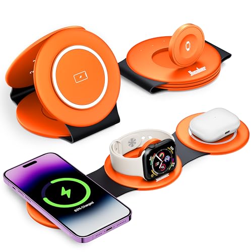 Hicober 3 in 1 Wireless Charging Station for Apple Watch and iPhone Air 17 16 15 14 13 12 Pro Max/Plus, Magnetic Foldable Wireless Travel Charger Station Stand for Airpods iWatch All Series Orange - color: Orange