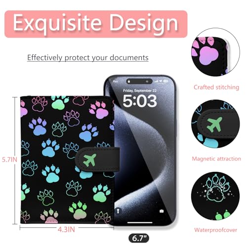 Passport Holder, Travel Wallet Cover with Pen Loop | Cute RFID Blocking Leather Case with Magnetic Closure for Travel Essentials-Pawprint - color: F-Pawprint