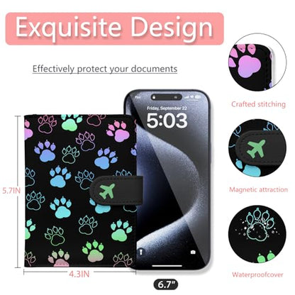 Passport Holder, Travel Wallet Cover with Pen Loop | Cute RFID Blocking Leather Case with Magnetic Closure for Travel Essentials-Pawprint - color: F-Pawprint