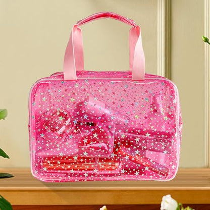 Hot Pink Star Large Cosmetic Bag 12x5x8 inch Travel Pouch with Handle,Durable PVC Material,Zipper Design-Ideal for Makeup,Travel Essentials - color: Pink