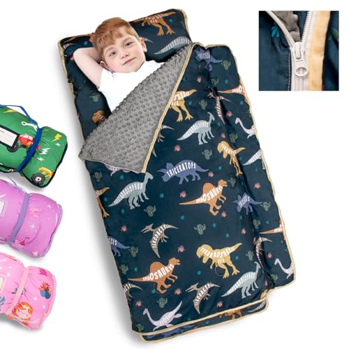 Primlect Toddler Nap Mat Extra Large Thickened 55''x35'', Soft Sleeping Bag with Detachable Minky Blanket and Pillow, Portable for Daycare, Preschool, Kindergarten, Travel, Boys and Girls - color: Green Dinosaur