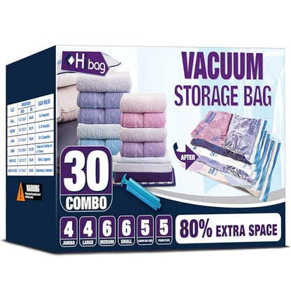 HIBAG Vacuum Storage Bags, 30-Pack Space Saver Vacuum Storage Bags, Vacuum Seal Bags for Clothing, Clothes, Comforters and Blankets (30C) - size: 30-COMBO