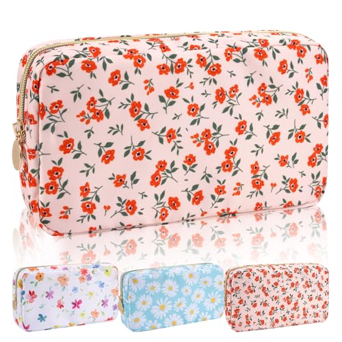 Floral Nylon Small Makeup Bag Cosmetic Zipper Pouch, Cute Preppy Cosmetic Bag Make Up Pouch Purse, Waterproof Travel Toiletry Bag Coin Purse Storage Organizer Bag for Women Girls(Orange Flower) - color: Orange-Flower, size: Small