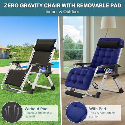 NAIZEA Padded Zero Gravity Chair, Folding Outdoor Lounge Chairs, Adjustable Reclining Camping Chairs with Cup Holder, Ergonomic Patio Lawn Chair for Balcony Beach Deck Yard - color: Royal Blue, style: Zero Gravity Chair 2 Pack