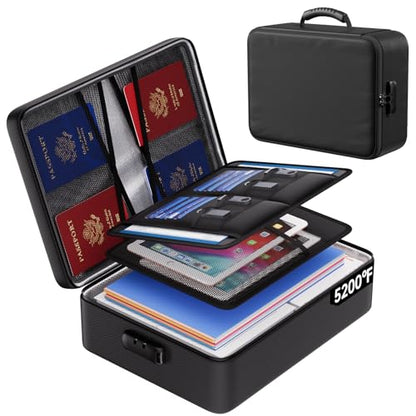 ENGPOW 5200°F Fireproof Document Bag with Lock, Upgraded Heat Insulated Fireproof Box 8 Layers File Organizer, Portable Home Travel Safe Storage for Important Documents,Passports,Laptop, Black(Soft)