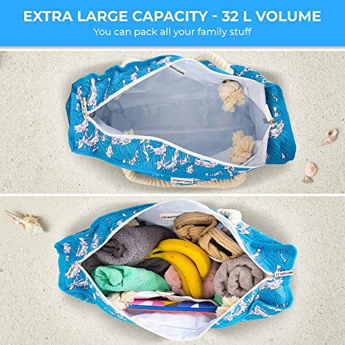 Beach Bag and Pool Bag Has Cooler Pocket, 7 Pockets Total, Zip Top. Family Size Waterproof Beach Tote - color: Ocean Waves