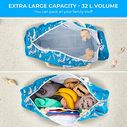 Beach Bag and Pool Bag Has Cooler Pocket, 7 Pockets Total, Zip Top. Family Size Waterproof Beach Tote - color: Ocean Waves