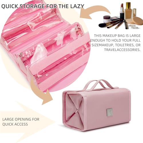 ROYALFAIR Roll Up Makeup Bag, Travel Toiletry Bag for Women with 4 Clear TSA Approved Pouches, Hanging Travel Organizer, Folding Cosmetic Bag for Men and Women - color: pink