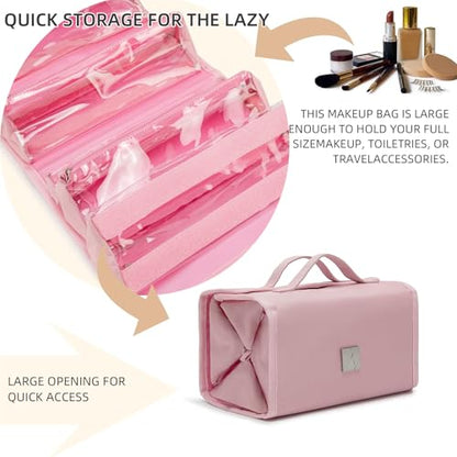 ROYALFAIR Roll Up Makeup Bag, Travel Toiletry Bag for Women with 4 Clear TSA Approved Pouches, Hanging Travel Organizer, Folding Cosmetic Bag for Men and Women - color: pink