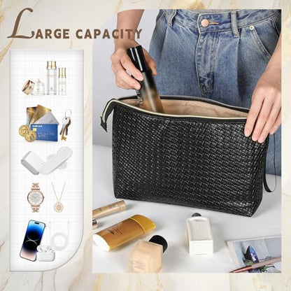 Large Makeup Bag with Wrist Strap, PU Leather Cosmetic Bag, Travel Toiletry Pouch for Women, Gifts for Mom/Sisters/Friends/Bridesmaid (Small Plaid) - color: Small Plaid-Large