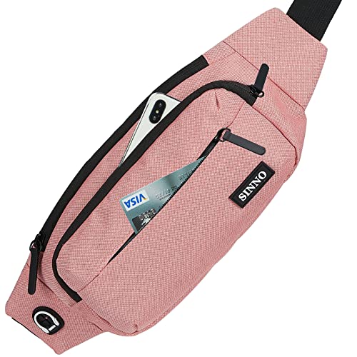 SINNO Large Crossbody Fanny Pack for Women Men Belt Bag With 4-Zipper Pockets for Travel Running Hiking Workout Dog Walking Outdoors Sport Fishing Waist Pack Bag Carrying All Phones - color: Pink(4 Zipper Pockets)