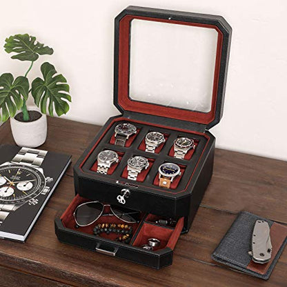 ROTHWELL Gift Set 6 Slot Leather Watch Box and 2 Watch Travel Case - Luxury Case Organizer, Microsuede Liner, Locking Mens Jewelry Watches Holder, Storage Boxes Glass Top (Black/Red Gift Set) - color: 6 Slot - Black/Red Gift Set