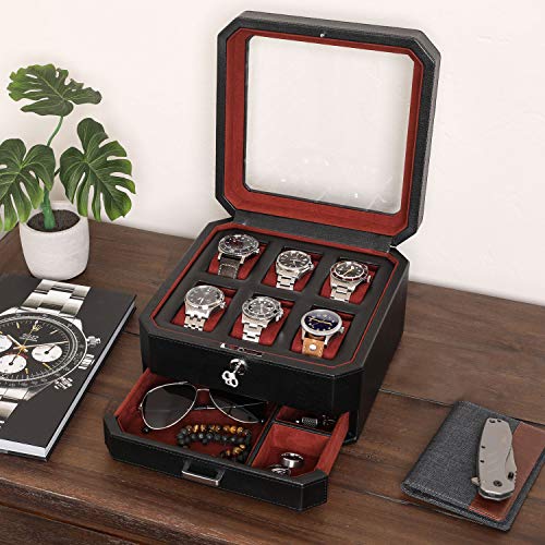 ROTHWELL 6 Slot Leather Watch Box with Valet Drawer - Luxury Watch Case Display Organizer, Microsuede Liner, Locking Mens Jewelry Watches Holder, Men's Storage Boxes Holder Large Glass Top (Black/Red) - color: 6 Slot - Black / Red