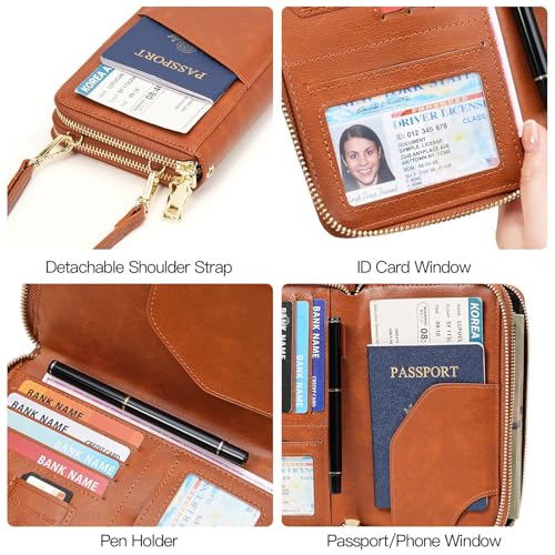 GOIACII Passport Wallet Travel Crossbody Bags for Women Wristlet Phone Purse Double Zip Vegan Leather Brown - color: A01 Brown