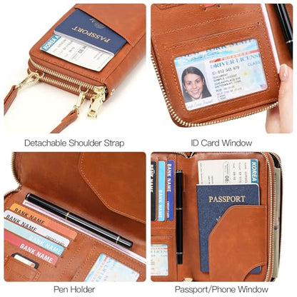GOIACII Passport Wallet Travel Crossbody Bags for Women Wristlet Phone Purse Double Zip Vegan Leather Brown - color: A01 Brown