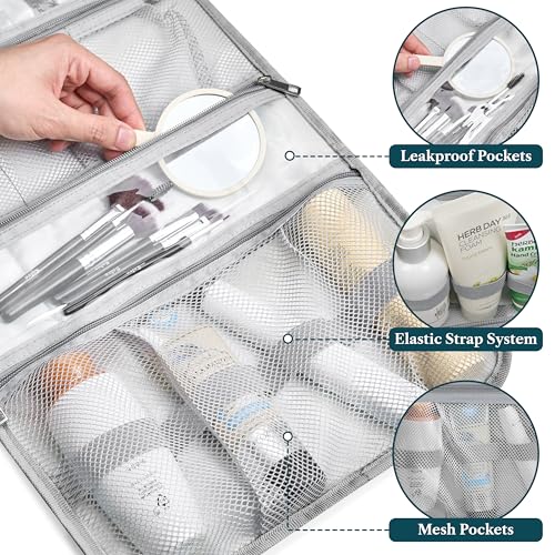 PAVILIA Hanging Toiletry Bag for Women Men, Large Foldable Toiletries Organizer with Hook, Water-Resistant Makeup Cosmetic Rollup Case, Clear Pockets for Bathroom, Gym, Cruise (Heather Grey) - color: Heather Grey