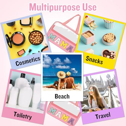 Chenille Letter Clear Makeup Bags Mama Tote, Preppy Patch Makeup Bag Zipper with Handle, Waterproof PVC & Nylon Portable Glitter Large Cosmetic Travel Toiletry Storage Bag for Women Girls(MAMA-Pink) - color: MAMA-Pink