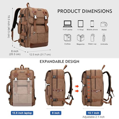 WITZMAN Canvas Travel Backpack for Men Large Laptop Backpack Fit 16 inch Carry-on Airline Approved Convertible Shoulder Rucksack(A6617-3 Brown) - color: Brown