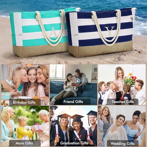 YOOLIFE Large Initial Beach Bag Waterproof Tote Zipper Bag Personalized Gifts for Women Her Birthday Travel Beach Essential - color: Dark Blue, style: A