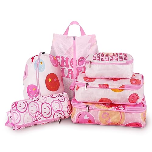 6 Pcs Compression Packing Cubes, Packing Cubes for Travel, Waterproof Luggage Organizer Bags Set, Cute Packaging Cubes for Women Kids Backpack Carry-Ons - color: Pink, size: 6 Set