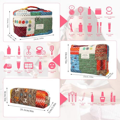 3PCS Coquette Makeup Bag,Quilted Cosmetic Bag Large Make Up Bag Set,Quilted Portable Toiletry Organizer Bag,Cotton Travel Skincare Bag for Women Girls(04-Boho) - style: 04-boho Quilted